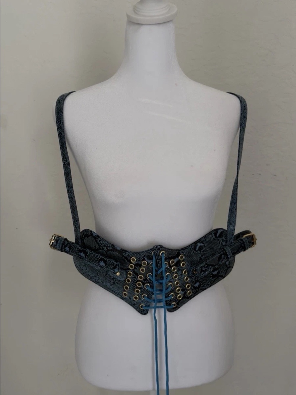 Vintage Blue Snakeskin Corset Harness Belt Gold Hardware Lace-Up Statement Piece